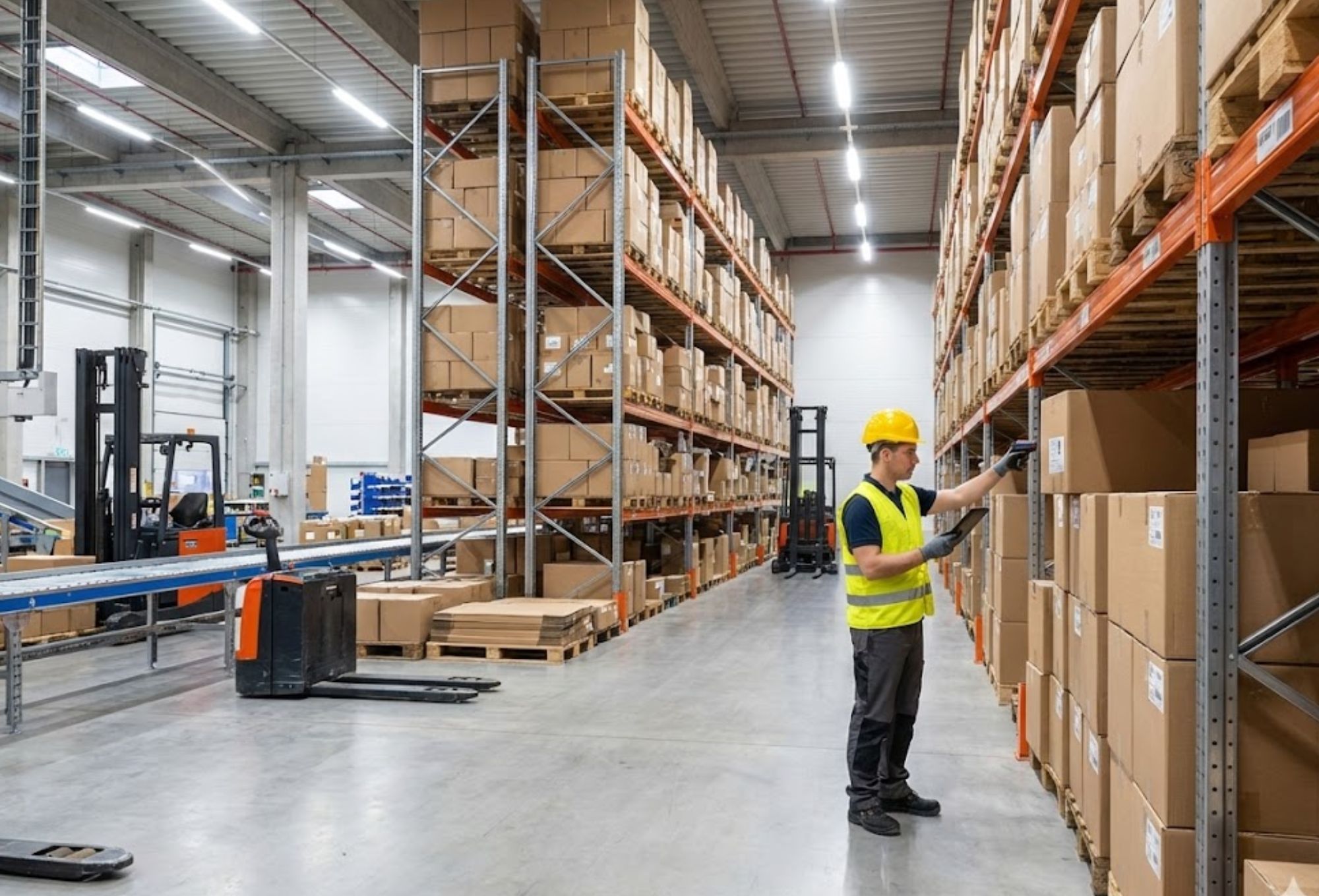 Trabajador con casco amarillo y chaleco de seguridad revisando inventario en un almacén con estanterías y cajas.