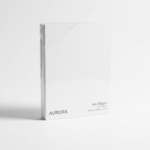 Resma de papel Aurora A4 80gsm, 500 hojas, blancura premium.