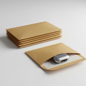 Conjunto de sobres marrones acolchados con un dispositivo electrónico dentro, ideales para envíos seguros.