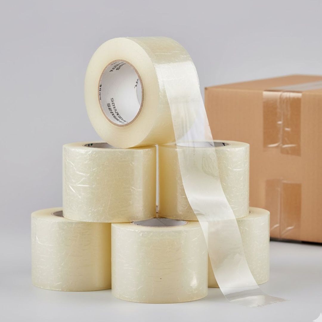 Cintas adhesivas transparentes para embalaje con caja de cartón, ideal para sellado seguro.