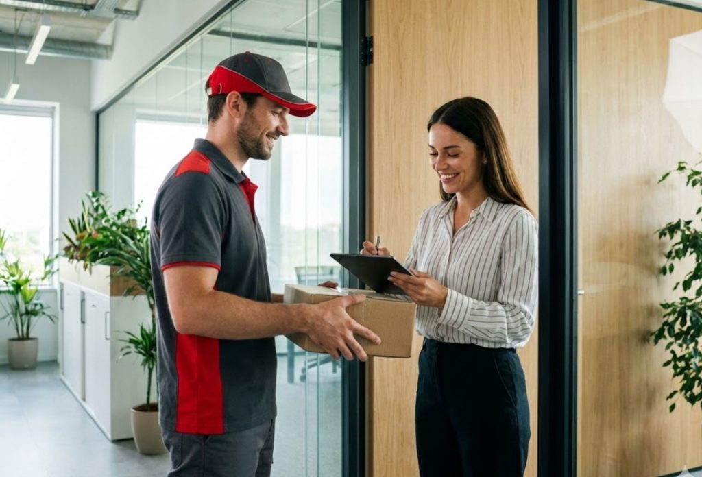 Repartidor entregando un paquete a mujer en oficina moderna, plantas en el fondo
